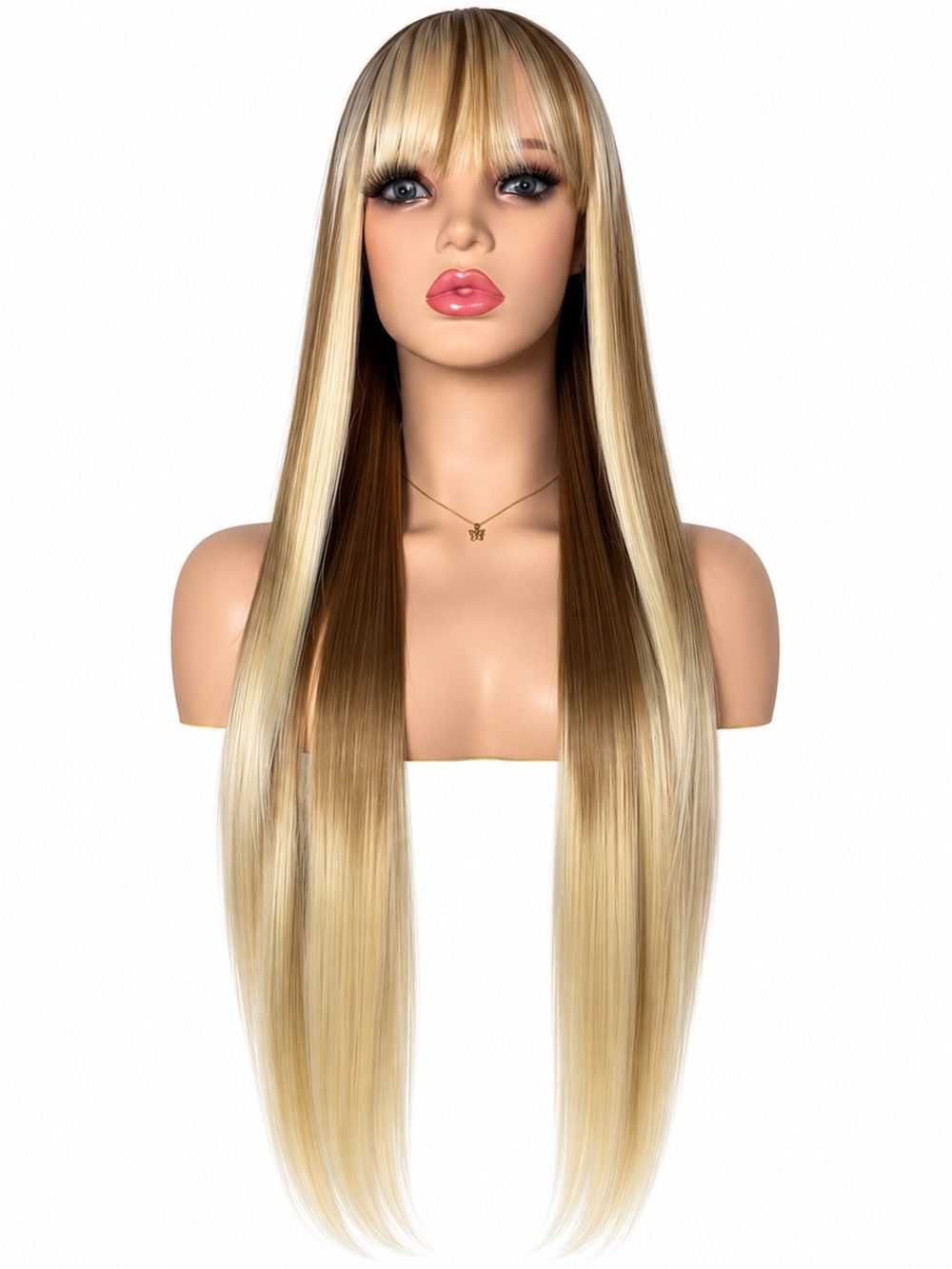 Long Straight Blonde Ombre Wig with Bangs - 28 inch long